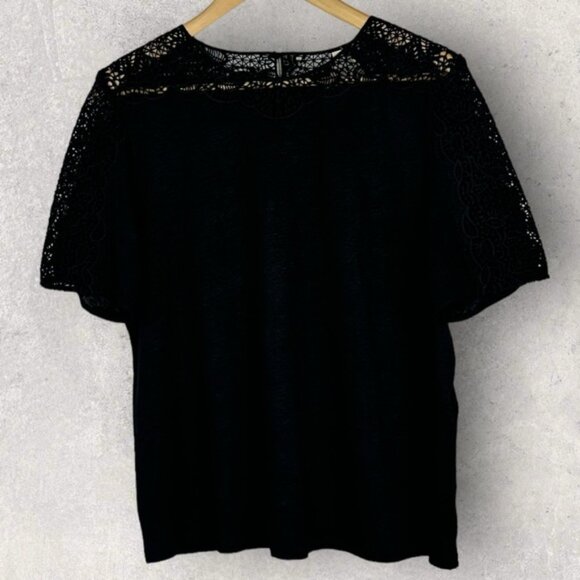 Sezane Lorena 100% Linen Black Top Size XL Lace Embroidery Short Sleeve Blouse - Picture 10 of 12